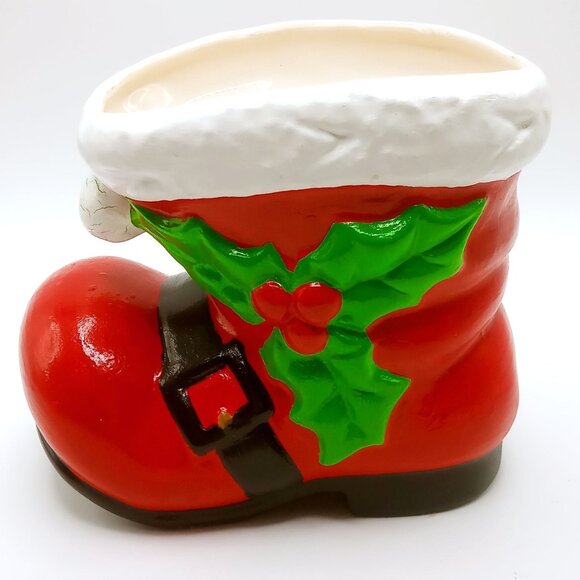 Vintage 1976 Christmas Santa Boot Planter Ceramic Hand Painted Decorative Shoe - Picture 1 of 12
